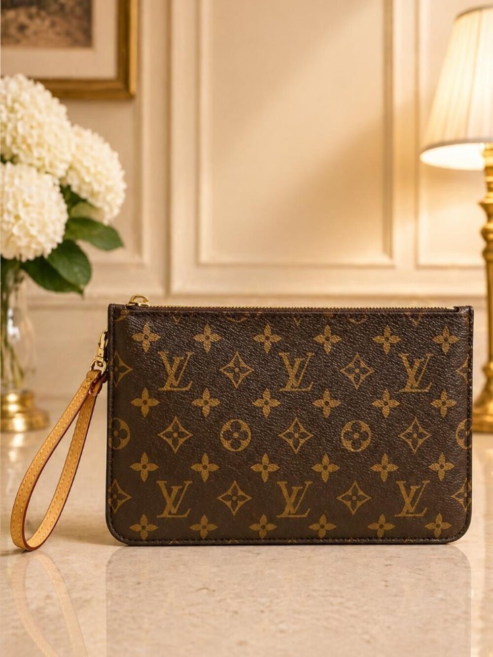 Authentic Louis Vuitton Neverfull Pochette Monogram Wristlet Clutch